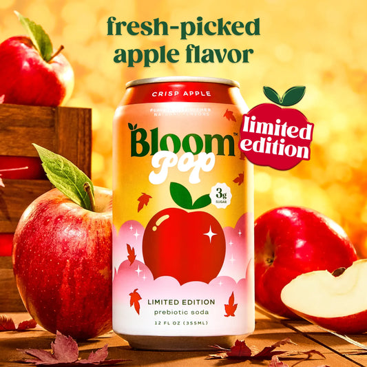 Crisp Apple - Bloom Pop - Limited Time Flavor - Prebiotic Soda 12 Pack, 12oz Cans - Prebiotic Soda for Gut Health, Low Calorie Soda, No Caffeine, Healthy Soft Drink Alternative Beverage