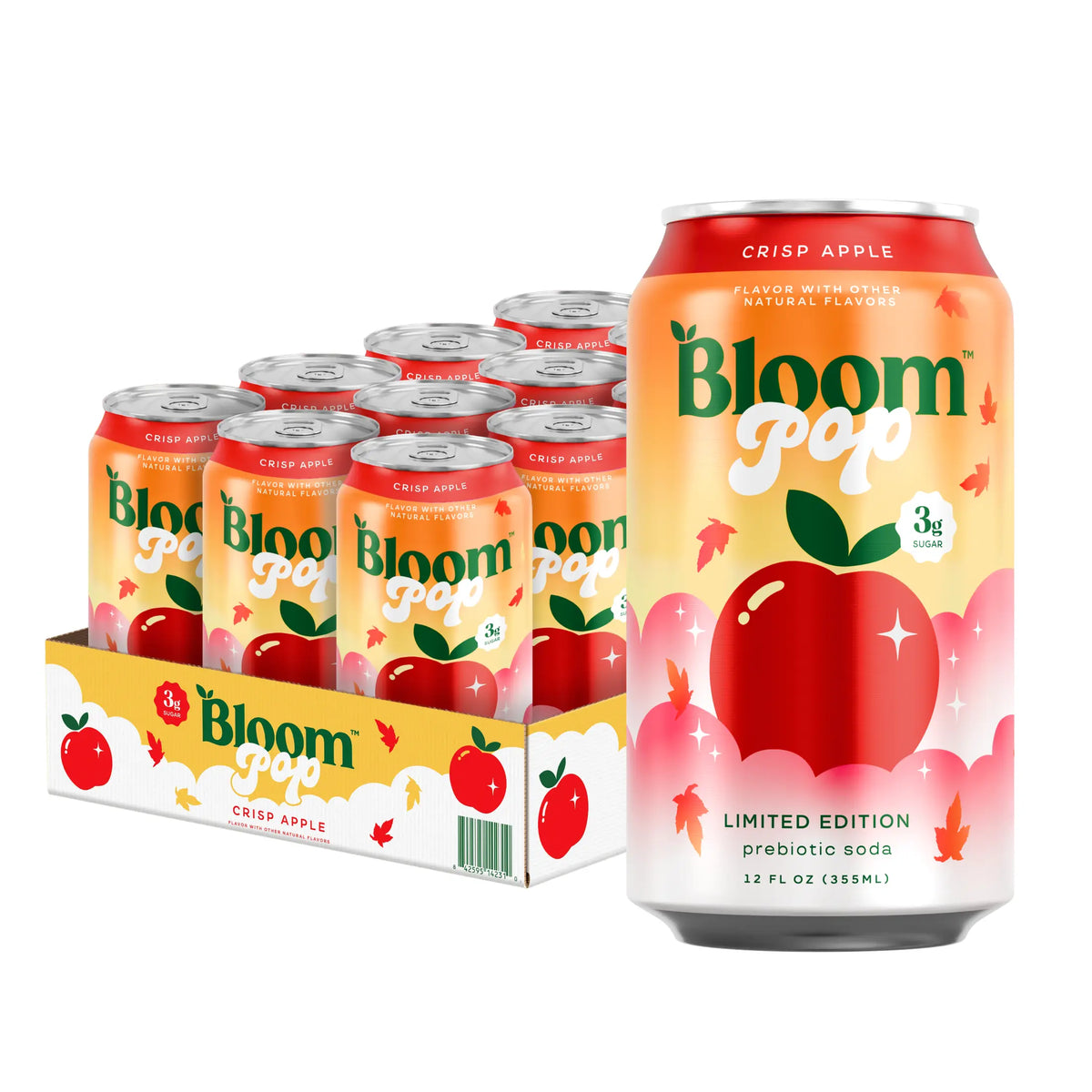 Crisp Apple - Bloom Pop - Limited Time Flavor - Prebiotic Soda 12 Pack, 12oz Cans - Prebiotic Soda for Gut Health, Low Calorie Soda, No Caffeine, Healthy Soft Drink Alternative Beverage