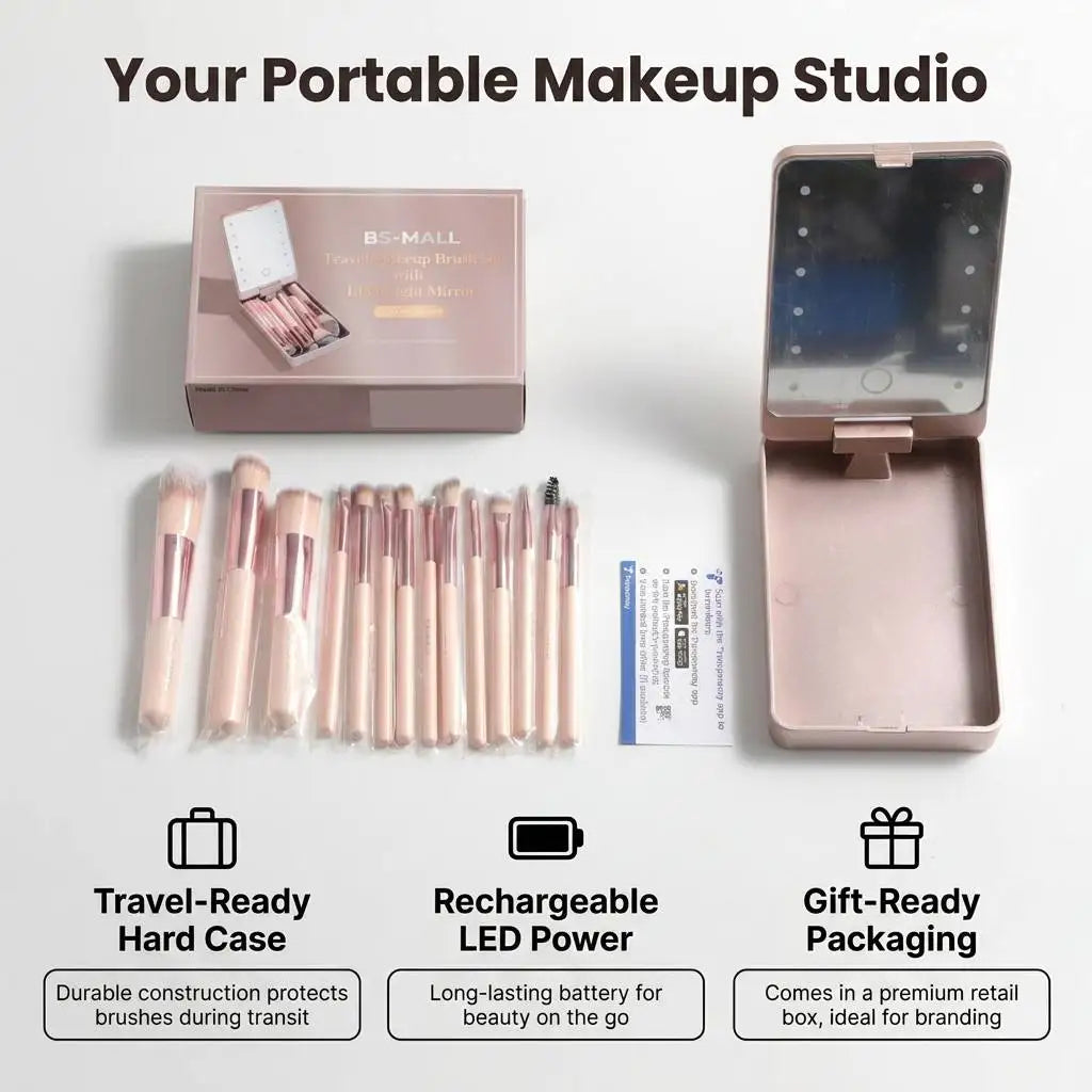 BS-MALL New Makeup Brush Mirror Set with Lighted Case Custom Logo 14PCS Professional Travel LED Mirror Cosmetic Brushes OEM ODM