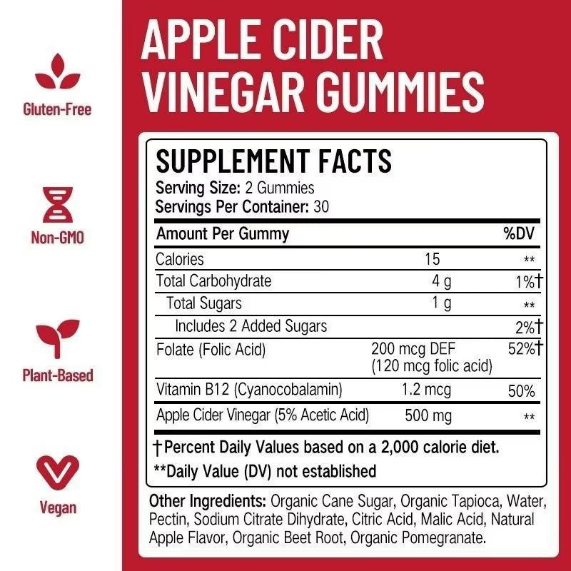 Apple Cider Vinegar Gummies 60 Pieces Adult Digestive Health Supports Healthy Digestion Weight Loss Vitamin B-9 OEM