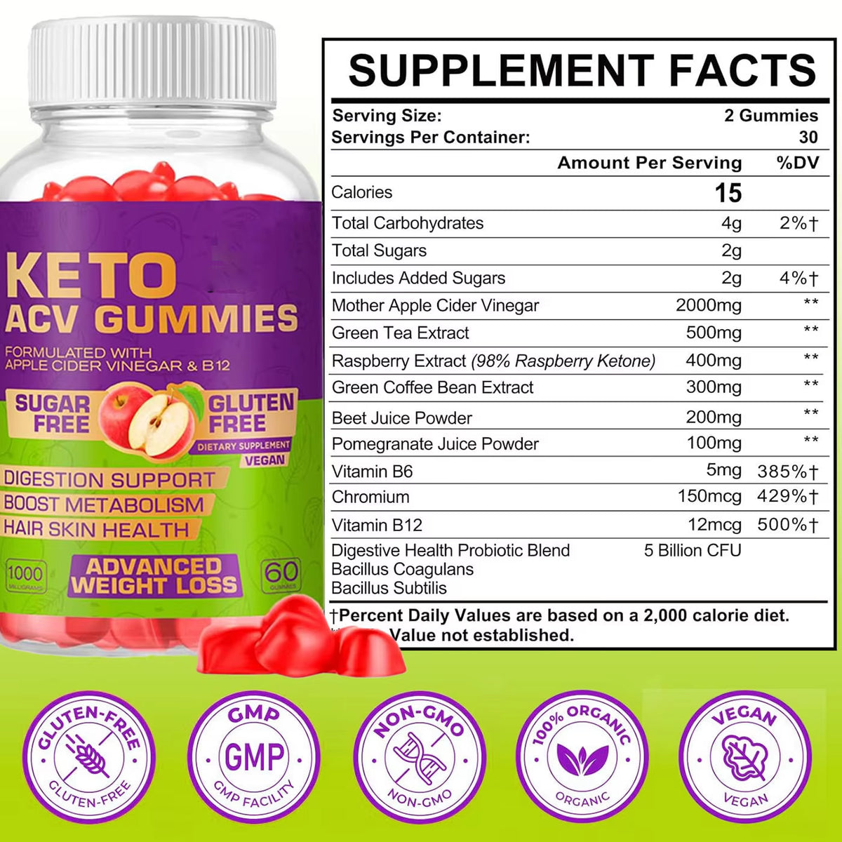 OEM ODM Advanced KETO ACV Gummies Fiber Supplement Apple Cider Vinegar Gummy Vitamin B12 Health Antioxidant Health Supplements