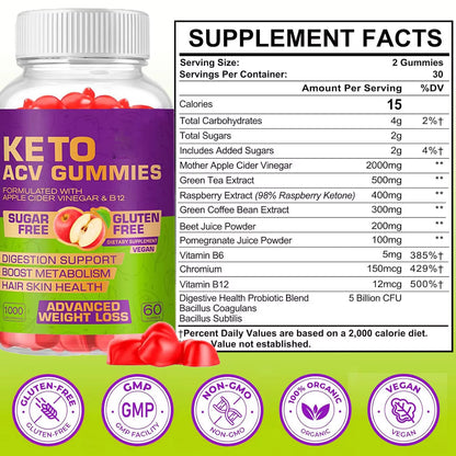 OEM ODM Advanced KETO ACV Gummies Fiber Supplement Apple Cider Vinegar Gummy Vitamin B12 Health Antioxidant Health Supplements