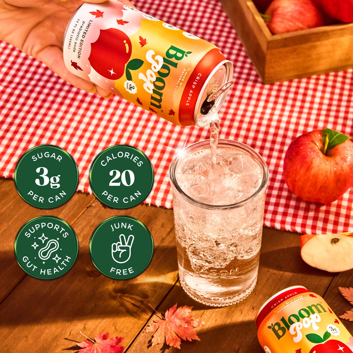 Crisp Apple - Bloom Pop - Limited Time Flavor - Prebiotic Soda 12 Pack, 12oz Cans - Prebiotic Soda for Gut Health, Low Calorie Soda, No Caffeine, Healthy Soft Drink Alternative Beverage