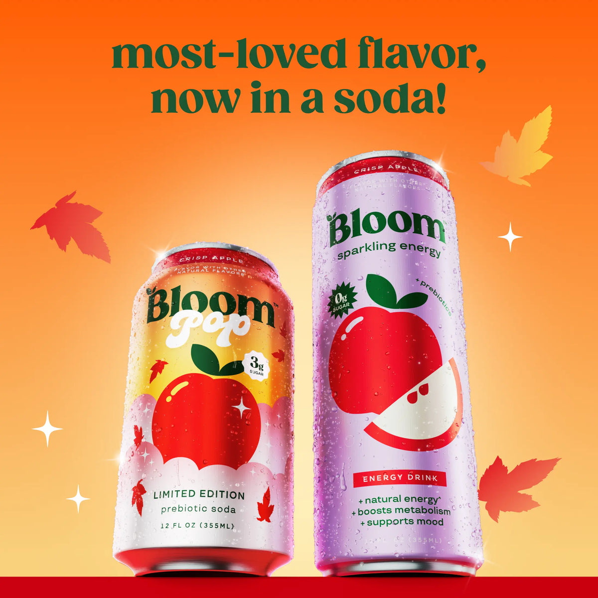 Crisp Apple - Bloom Pop - Limited Time Flavor - Prebiotic Soda 12 Pack, 12oz Cans - Prebiotic Soda for Gut Health, Low Calorie Soda, No Caffeine, Healthy Soft Drink Alternative Beverage