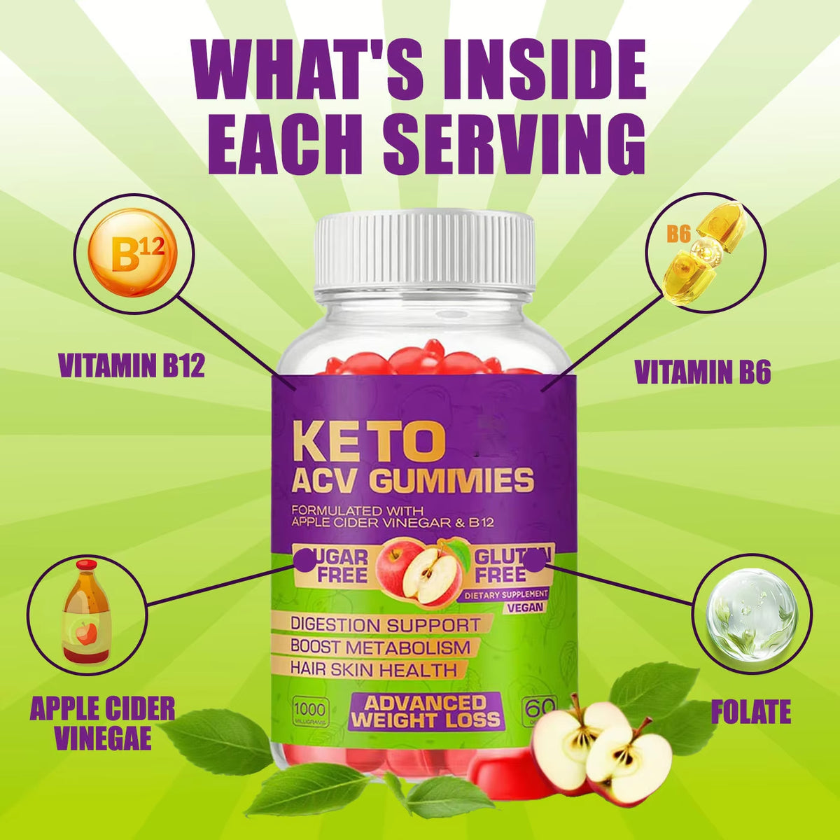 OEM ODM Advanced KETO ACV Gummies Fiber Supplement Apple Cider Vinegar Gummy Vitamin B12 Health Antioxidant Health Supplements