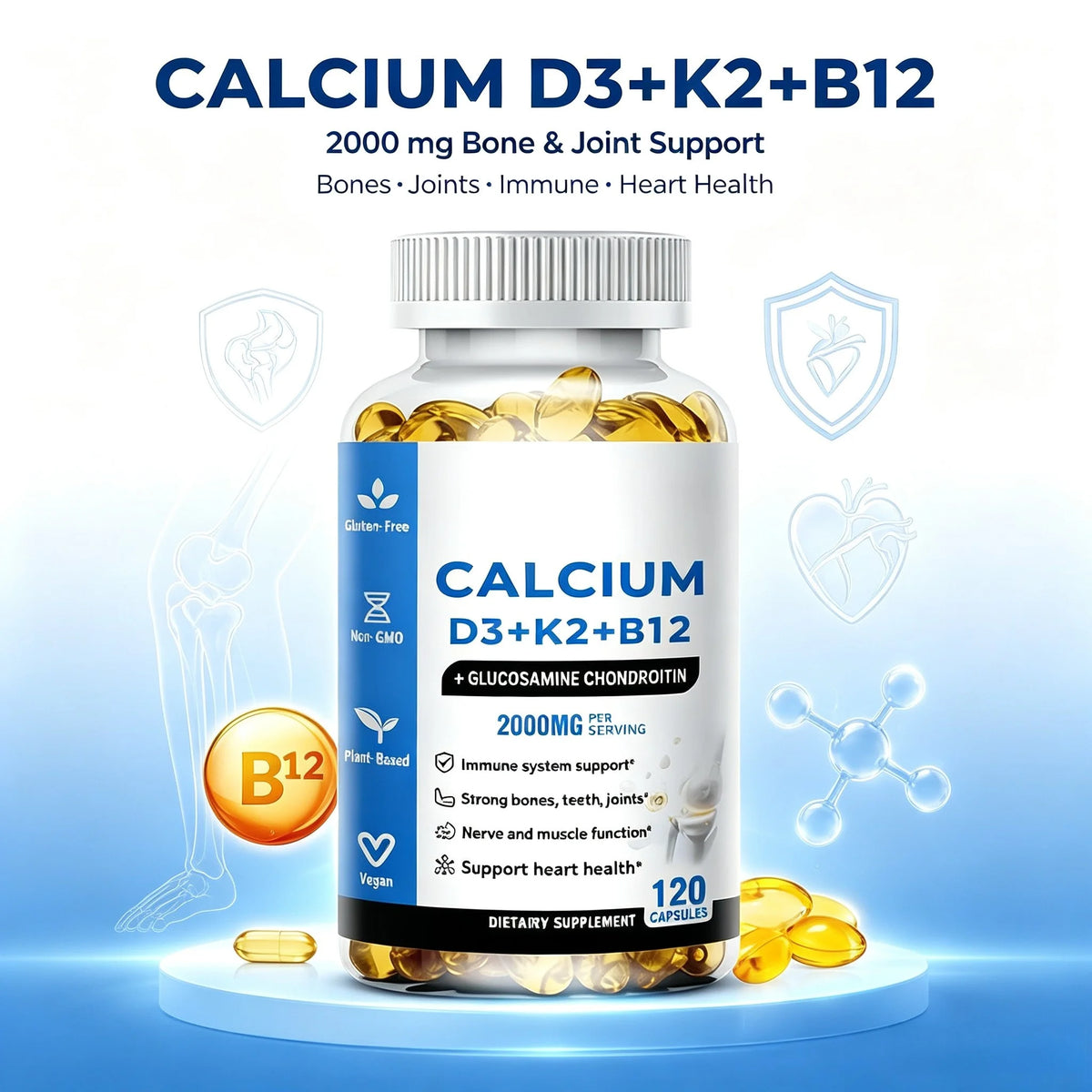 LUVVITA Calcium D3+K2+B12 Multivitamin Capsules for Teenagers Adults Newborn-60 Capsules Supporting Bone Muscle Nerve Health
