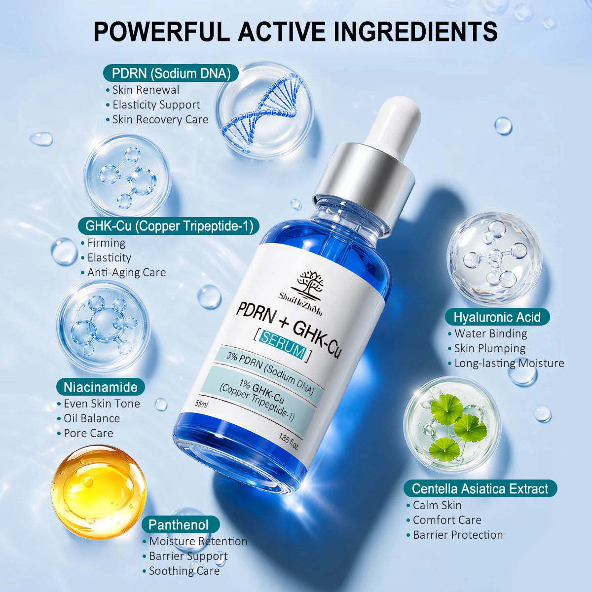 Dual Active PDRN Ghk-Cu Face Serum 55Ml anti Aging Firming Hydration Skin Texture Care Wholesale Private Label OEM ODM Supplier