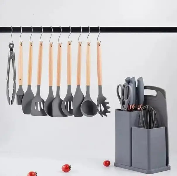 Newest 19 Pcs Silicone Kitchen Utensil Set with Wooden Handle Cooking Tools Cuttings Board Storage Bucket Kitchen Gadget Set
