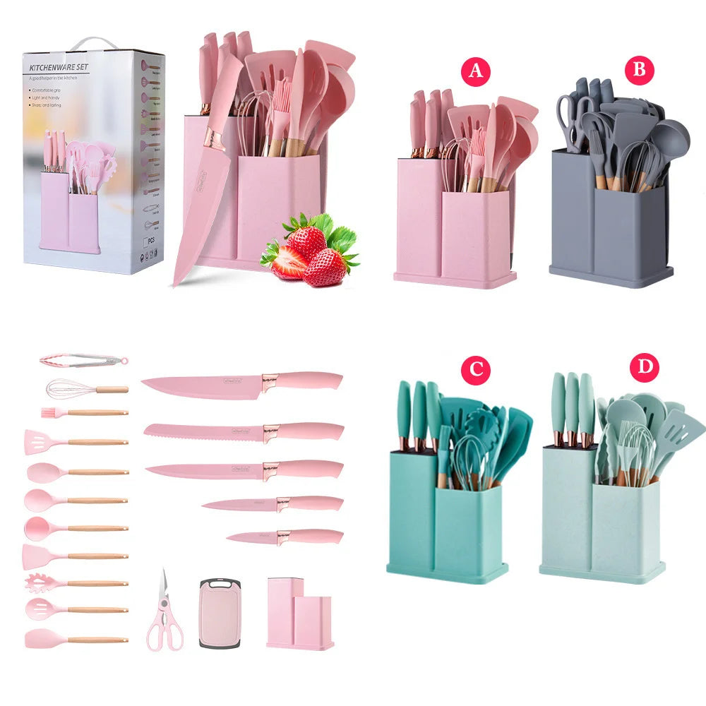 Newest 19 Pcs Silicone Kitchen Utensil Set with Wooden Handle Cooking Tools Cuttings Board Storage Bucket Kitchen Gadget Set
