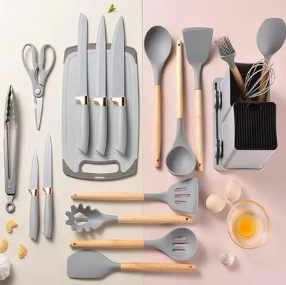 Newest 19 Pcs Silicone Kitchen Utensil Set with Wooden Handle Cooking Tools Cuttings Board Storage Bucket Kitchen Gadget Set