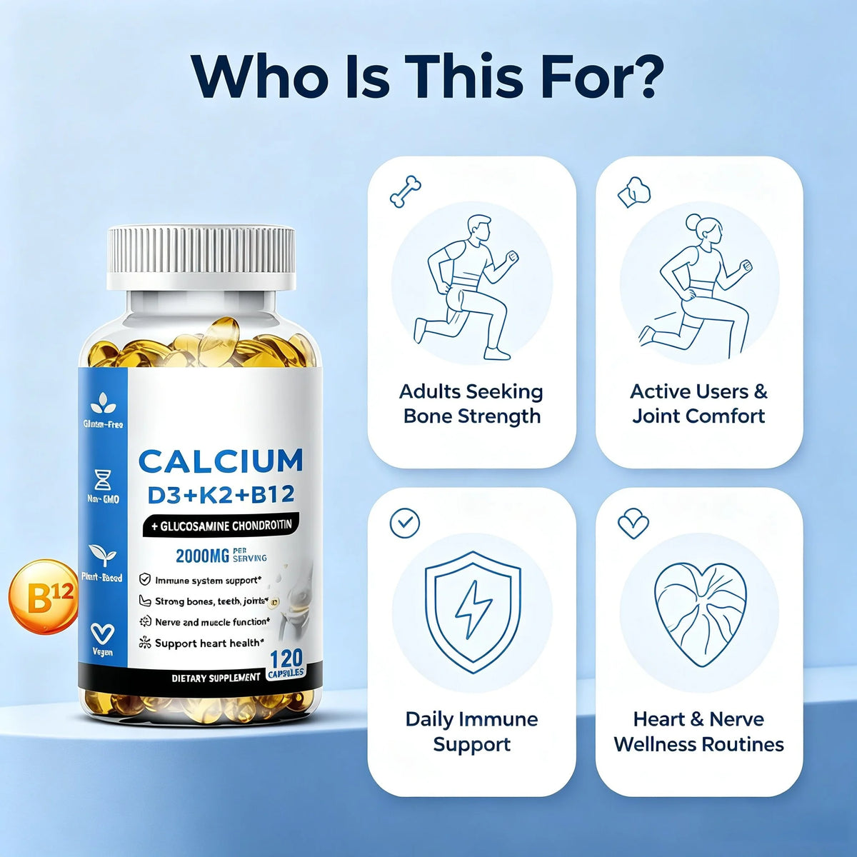 LUVVITA Calcium D3+K2+B12 Multivitamin Capsules for Teenagers Adults Newborn-60 Capsules Supporting Bone Muscle Nerve Health