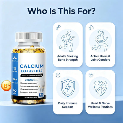 LUVVITA Calcium D3+K2+B12 Multivitamin Capsules for Teenagers Adults Newborn-60 Capsules Supporting Bone Muscle Nerve Health