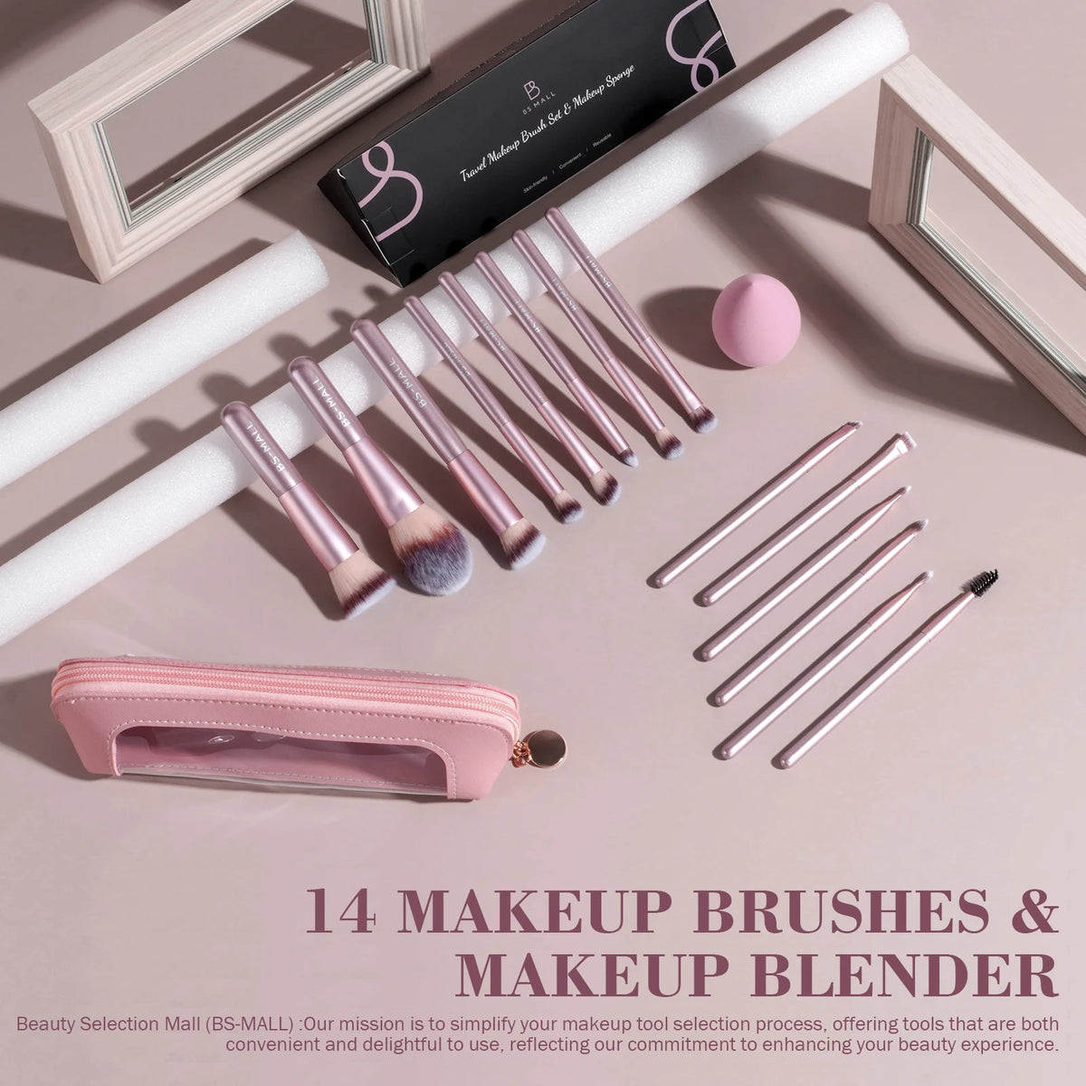 BS-MALL 14PCS Professional Makeup Brushes Private Label Cosmetic Tools Foundation Eyeshadow Brushes Foundation Sponge Set