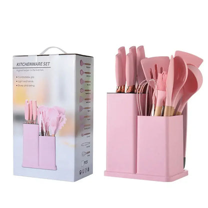 Newest 19 Pcs Silicone Kitchen Utensil Set with Wooden Handle Cooking Tools Cuttings Board Storage Bucket Kitchen Gadget Set