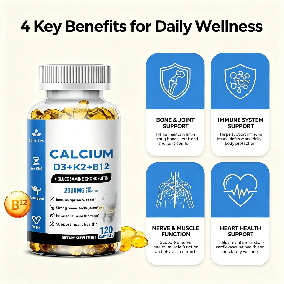 LUVVITA Calcium D3+K2+B12 Multivitamin Capsules for Teenagers Adults Newborn-60 Capsules Supporting Bone Muscle Nerve Health