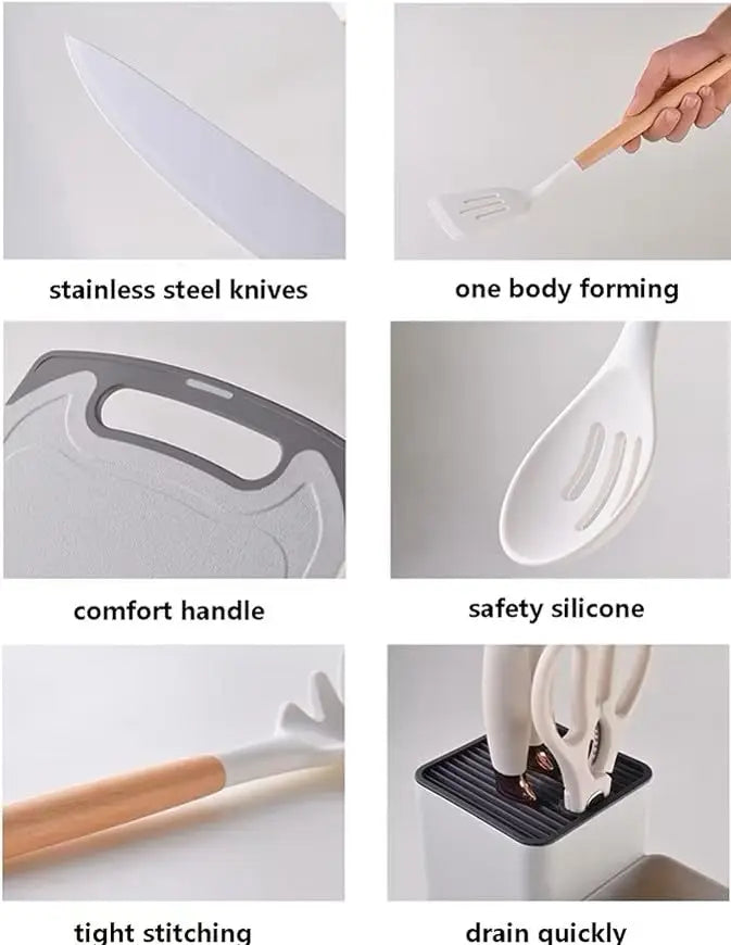 Newest 19 Pcs Silicone Kitchen Utensil Set with Wooden Handle Cooking Tools Cuttings Board Storage Bucket Kitchen Gadget Set