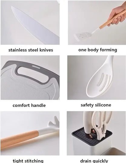 Newest 19 Pcs Silicone Kitchen Utensil Set with Wooden Handle Cooking Tools Cuttings Board Storage Bucket Kitchen Gadget Set
