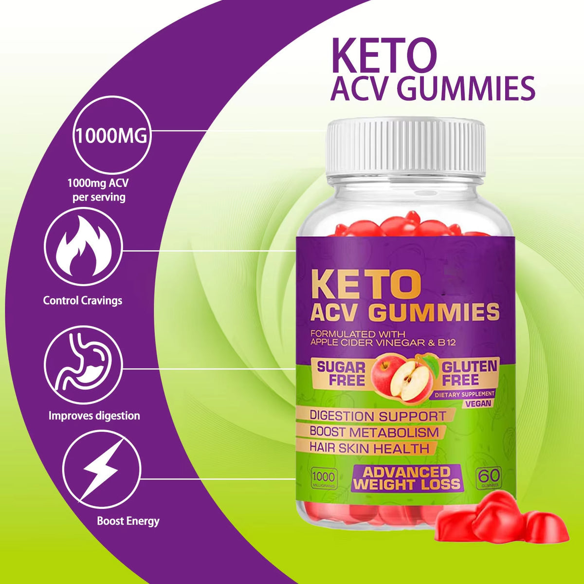 OEM ODM Advanced KETO ACV Gummies Fiber Supplement Apple Cider Vinegar Gummy Vitamin B12 Health Antioxidant Health Supplements